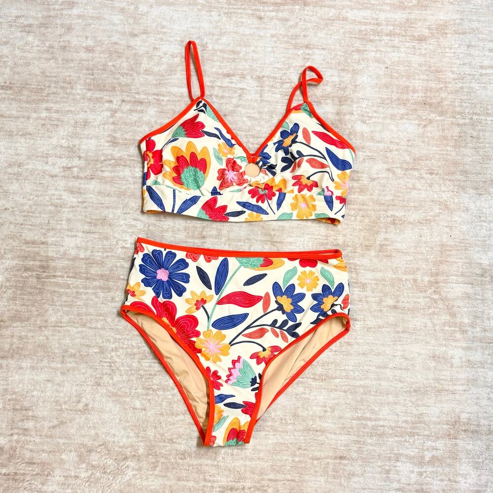 Women’s Large Floral Swimsuit Bikini High Waist Modest Colorful Vacation Resort